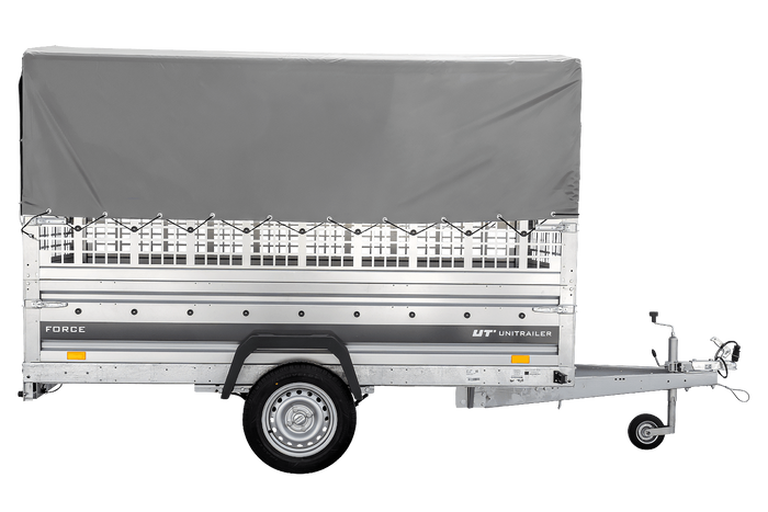Remorque porte-voitures sur ressorts 264x125 UNITRAILER FORCE 264/R KIPP avec côtés en filet, châssis H-800 et bâche grise