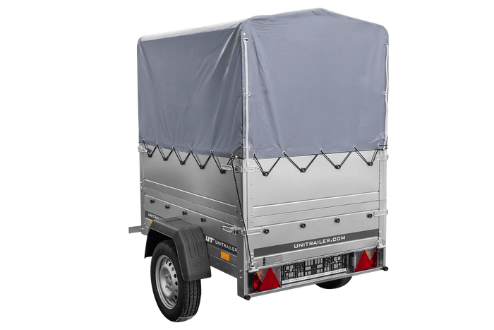 Remorque mono-essieu 150x106 UNITRAILER GARDEN 150 KIPP avec ridelles BIS, châssis H-800 et bâche grise