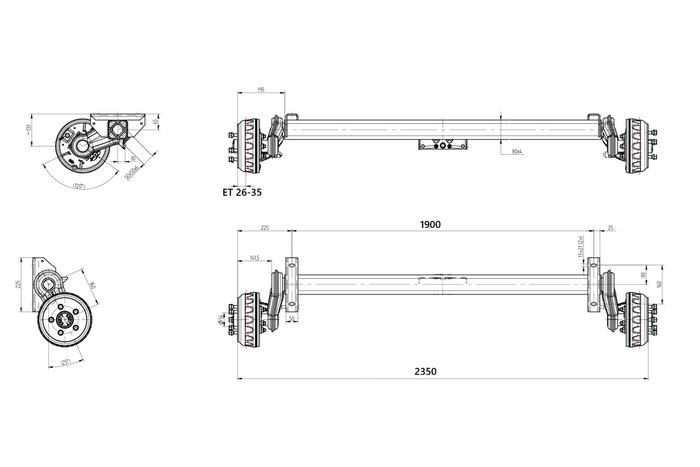 Essieu freiné KNOTT VGB13M pour remorque/porte-voitures 1350 kg 1900 mm 2350 mm 5x112