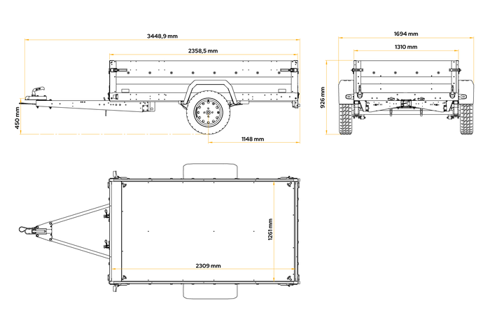 Remorque porte-voitures sur ressorts 230x125 UNITRAILER FORCE 230/R KIPP avec châssis H-1100 et bâche bleue