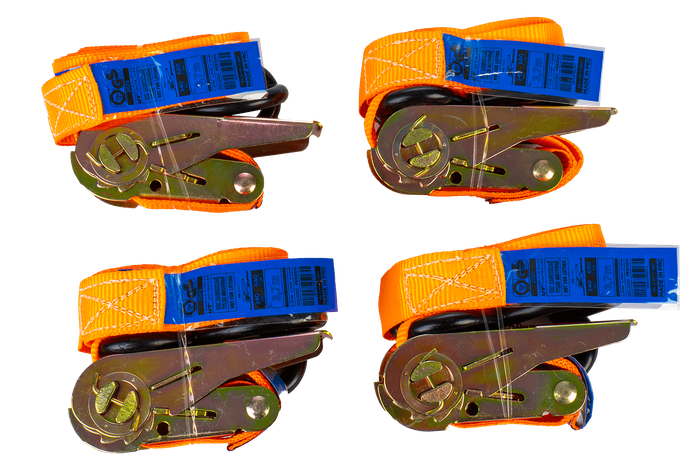 Ensemble de quatre sangles de transport UNITRAILER orange de 4 m/25 mm/0,68 t avec tendeur, dans une valise