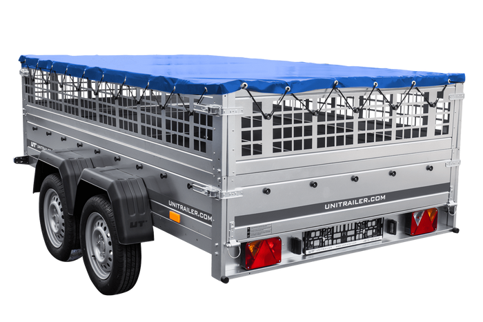 Remorque légère 264x150 UNITRAILER GARDEN 265/2 KIPP avec côtés en filet, châssis H-0 et bâche bleue