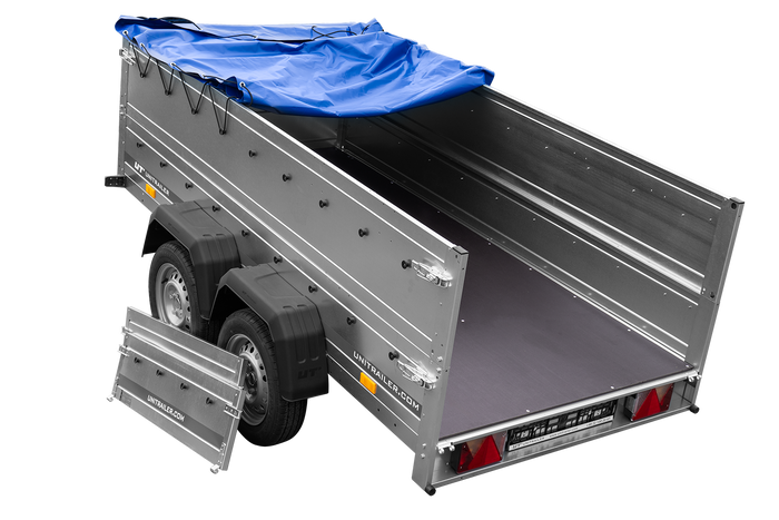 Remorque double essieux Garden Trailer 264/2 KIPP avec roue jockey, rehausses de ridelles et bâche plate bleue