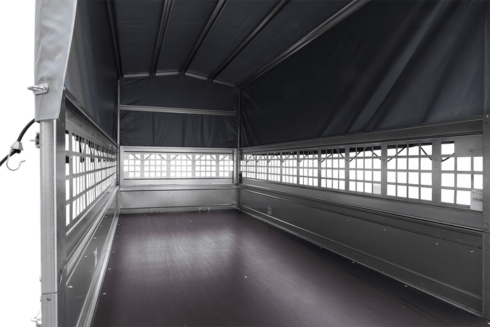 REMORQUE DE JARDIN 264 KIPP AVEC ROUE JOINTE, CÔTÉS GRILLÉS, CHÂSSIS H-800 ET BACHE GRISE