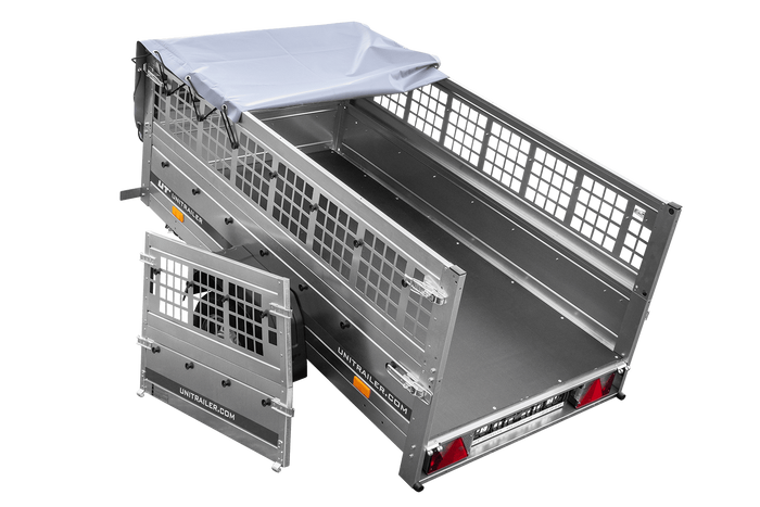Remorque à un essieu 200x106 UNITRAILER GARDEN 200 KIPP avec côtés en filet et bâche grise