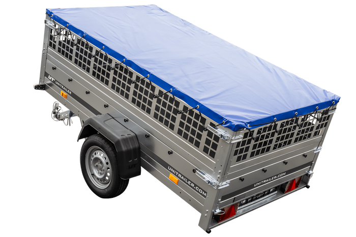 Remorque légère 230x125 UNITRAILER GARDEN 230 KIPP avec côtés en filet, châssis H-0 et bâche bleue