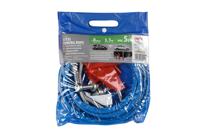 Câble de remorquage avec manilles LAMPA, câble en acier 3,5 m/8 mm/5 t bleu