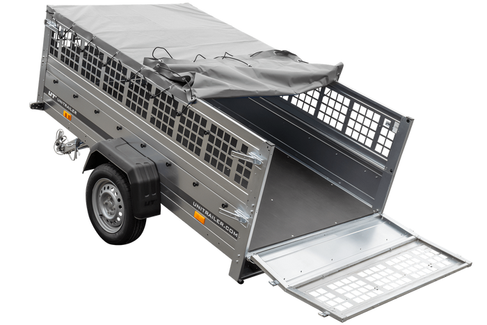 Remorque porte-voitures 230x125 UNITRAILER GARDEN 230 KIPP avec côtés en filet et bâche grise