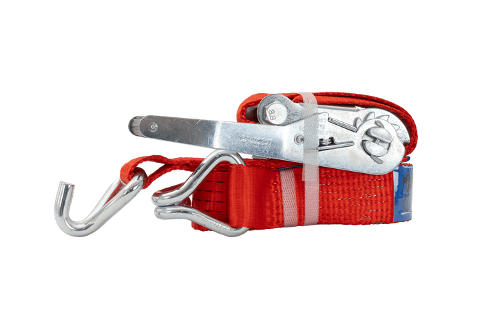 Ensemble de quatre courroies de transport rouges UNITRAIER 4 m/50 mm/5 t avec tendeur