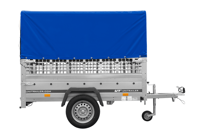 Remorque voiture 200x125 UNITRAILER GARDEN 201 KIPP avec ridelles grillagées, châssis H-800 et bâche grise