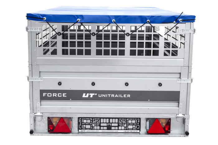 Remorque à un essieu sur ressorts 264x125 UNITRAILER FORCE 264/R KIPP avec côtés en filet, châssis H-0 et bâche bleue
