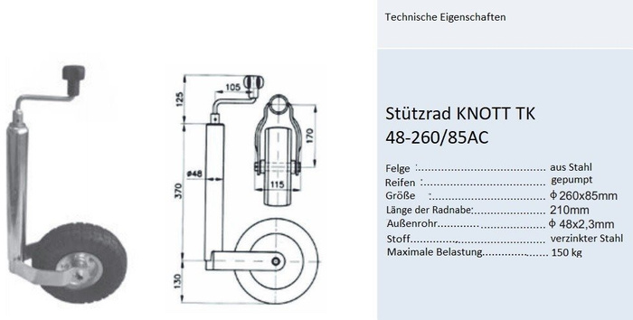 Roue de support, jockey KNOTT TK48, roue pneumatique, 150 kg, 48 mm, 500-720 mm