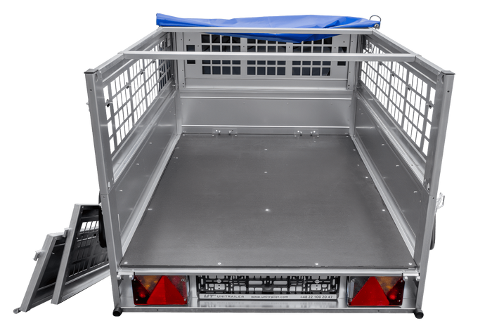 Remorque porte-voitures 150x106 UNITRAILER GARDEN 150 KIPP avec côtés en filet et bâche bleue