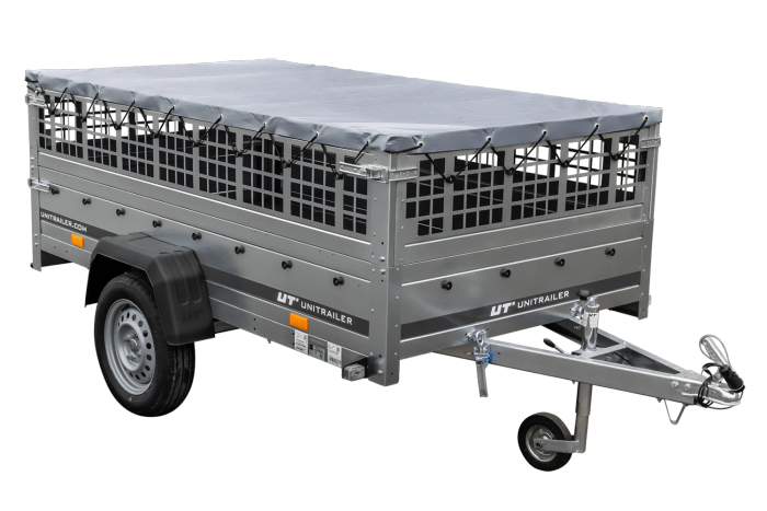 Remorque légère sur ressorts 230x125 UNITRAILER GARDEN 230/R KIPP avec côtés en filet, châssis H-0 et bâche grise