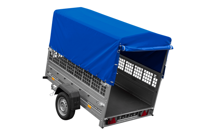 Remorque voiture 200x125 UNITRAILER GARDEN 201 KIPP avec ridelles grillagées, châssis H-800 et bâche grise