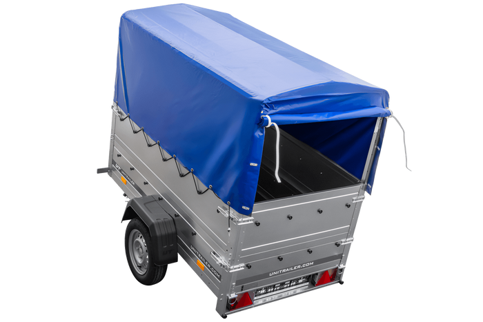 Remorque porte-voitures 200x106 UNITRAILER GARDEN 200 KIPP avec ridelles BIS, châssis H-800 et bâche bleue