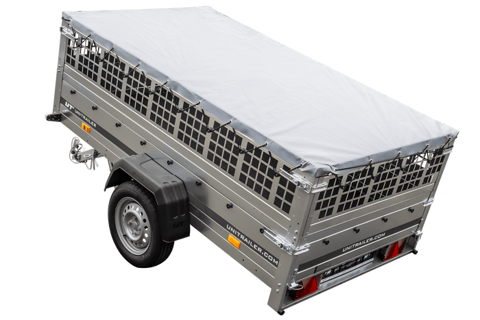 Remorque à un essieu 230x125 UNITRAILER GARDEN 230 KIPP avec côtés en filet, châssis H-0 et bâche grise