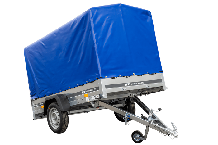 Remorque porte-voitures 230x125 UNITRAILER GARDEN 230 KIPP avec châssis H-1100 et bâche bleue