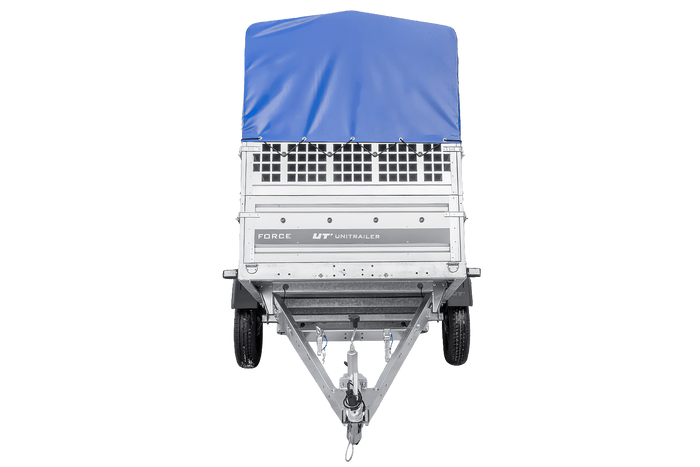 Remorque à un essieu 230x125 UNITRAILER FORCE 230 KIPP avec côtés grillagés, châssis H-0 et bâche bleue
