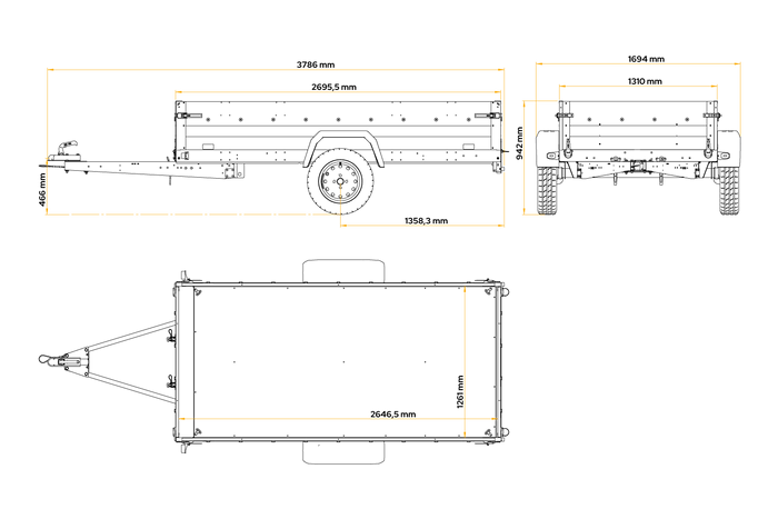 Remorque porte-voitures 264x125 UNITRAILER FORCE 264 KIPP avec côtés en filet, châssis H-800 et bâche bleue