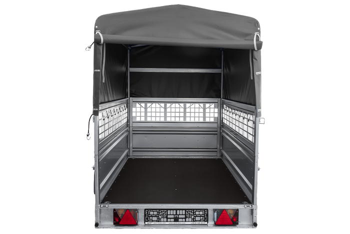 Remorque porte-voitures sur ressorts 264x125 UNITRAILER FORCE 264/R KIPP avec côtés en filet, châssis H-800 et bâche grise