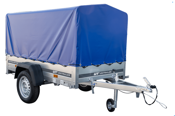 Remorque à un essieu 200x106 UNITRAILER GARDEN 200 KIPP avec châssis H-800 et bâche bleue