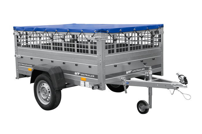 Remorque à un essieu 200x125 UNITRAILER GARDEN 201 KIPP avec ridelles grillagées, châssis H-0 et bâche bleue
