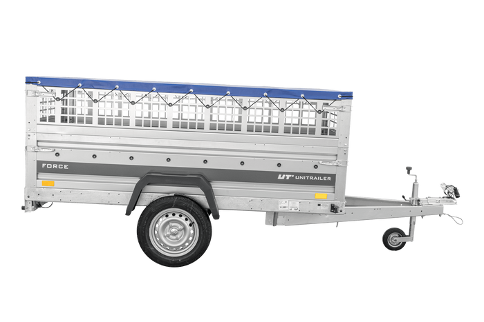 Remorque à un essieu 230x125 UNITRAILER FORCE 230 KIPP avec côtés grillagés, châssis H-0 et bâche bleue