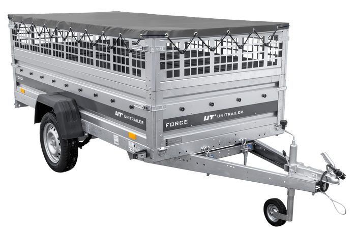Remorque à un essieu sur ressorts 264x125 UNITRAILER FORCE 264/R KIPP avec côtés en filet, châssis H-0 et bâche grise