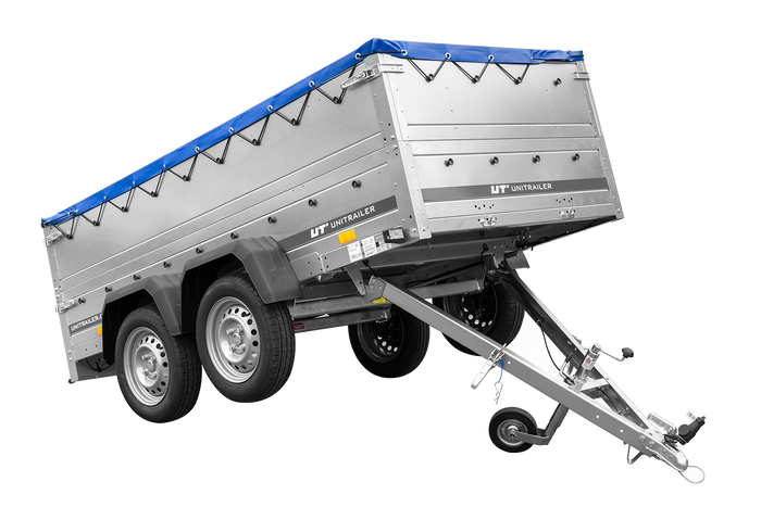 Remorque double essieux Garden Trailer 264/2 KIPP avec roue jockey, rehausses de ridelles et bâche plate bleue