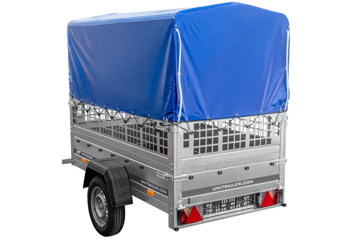 Remorque légère 200x106 UNITRAILER GARDEN 200 KIPP avec côtés en filet, châssis H-800 et bâche bleue