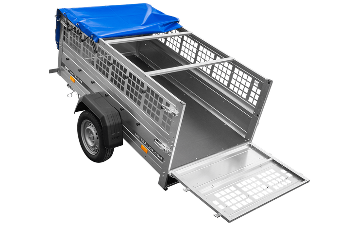 Remorque grillagée 200x106 avec bâche plate bleue, tiges de support bâche, ridelles grillagées et roue jockey - Garden Trailer 200 KIPP