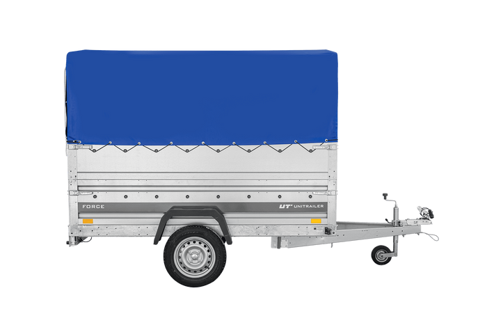 Remorque porte-voitures 230x125 UNITRAILER FORCE 230 KIPP avec ridelles BIS, châssis H-800 et bâche bleue