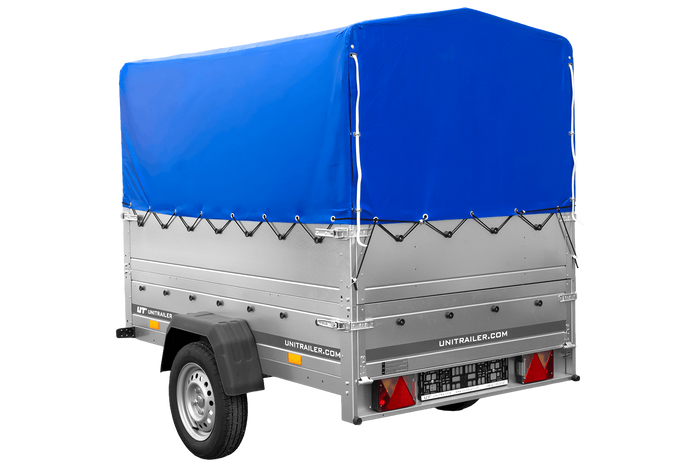 Remorque mono-essieu 200x125 UNITRAILER GARDEN 201 KIPP avec ridelles BIS, châssis H-800 et bâche bleue