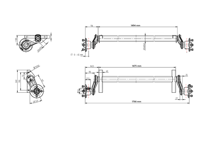Essieu non freiné KNOTT VG7-L pour remorque de bateau 750 kg 1475 mm 1766 mm 4x100