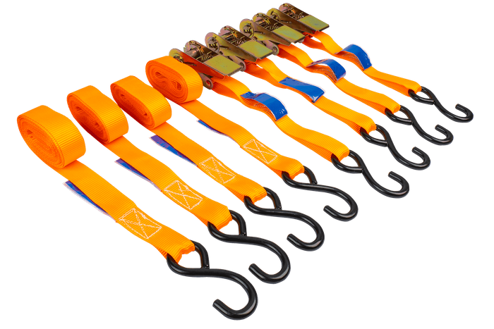 Ensemble de quatre sangles de transport UNITRAILER orange de 4 m/25 mm/0,68 t avec tendeur, dans une valise