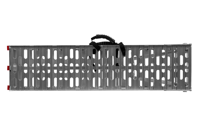 Rampe pliable UNITRAILER ALR003 en aluminium pour remorque, 221 cm, 340 kg, avec sangle et support.