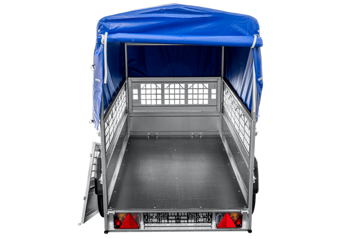 Remorque légère 200x106 UNITRAILER GARDEN 200 KIPP avec côtés en filet, châssis H-800 et bâche bleue