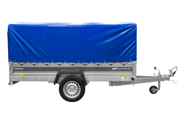 Remorque à un essieu sur ressorts 264x125 UNITRAILER FORCE 264/R KIPP avec châssis H-800 et bâche bleue