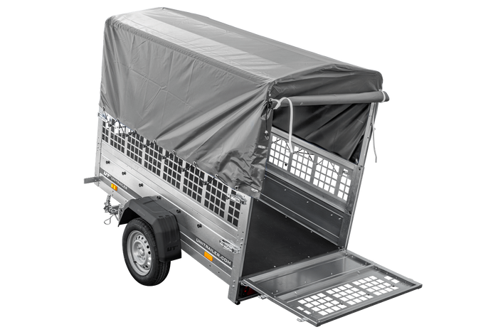 Remorque porte-voitures 200x106 UNITRAILER GARDEN 200 KIPP avec côtés en filet, châssis H-800 et bâche grise