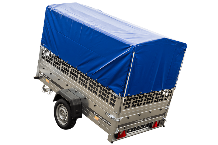 Remorque à un essieu 230x125 UNITRAILER GARDEN 230 KIPP avec côtés en filet, châssis H-800 et bâche bleue