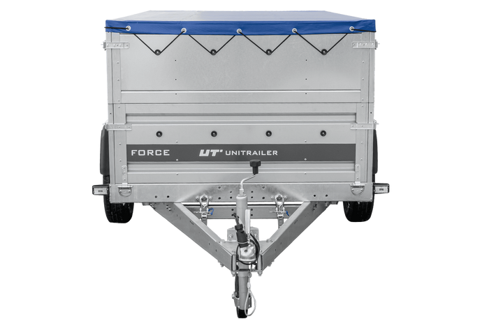 Remorque porte-voitures sur ressorts 230x125 UNITRAILER FORCE 230/R KIPP avec côtés BIS, châssis H-0 et bâche bleue