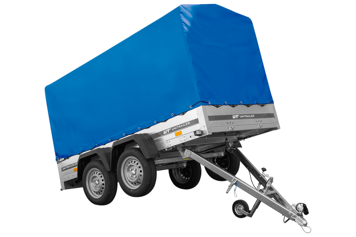 Remorque à deux essieux 264x125 UNITRAILER GARDEN TRAILER 264/2 KIPP avec châssis H-1100 et bâche bleue