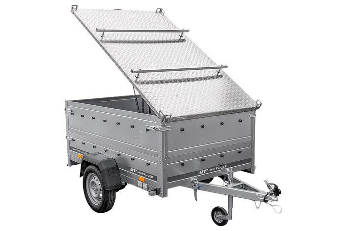 Remorque à un essieu sur ressorts 230x125 UNITRAILER GARDEN 230/R KIPP avec ridelles supplémentaires et capot en aluminium