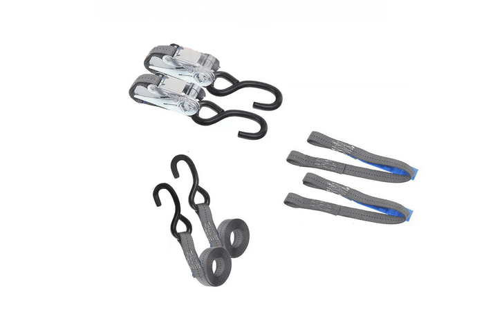 Ensemble de deux sangles de transport HILLS 3m/25mm/1t avec tendeur et deux harnais de 0,45m pour sécuriser la moto
