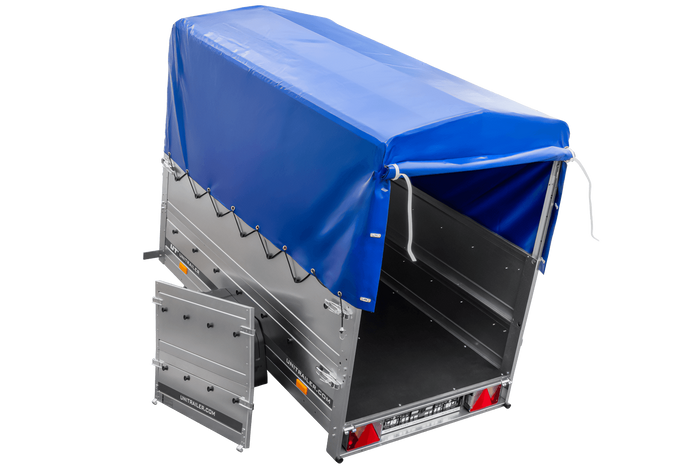 Remorque Garden Trailer 200 Kipp avec roue jockey, rehausses supplémentaire, arceau H-800 et bâche bleue