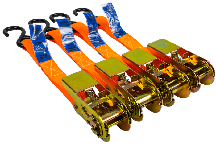 Ensemble de quatre sangles de transport UNITRAILER orange de 4 m/25 mm/0,68 t avec tendeur, dans une valise