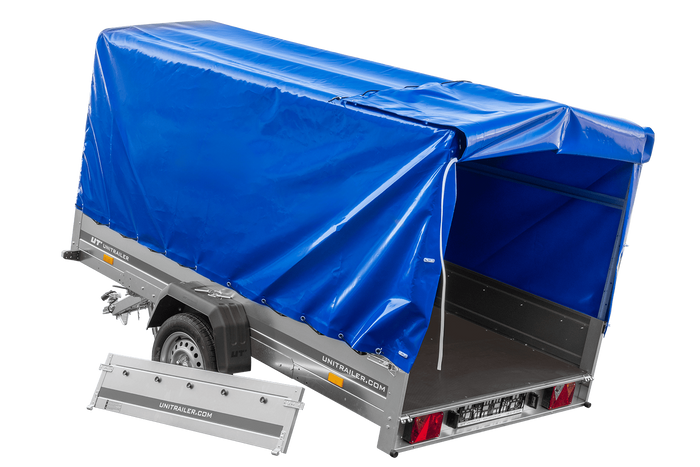 Remorque à essieu simple 264x150 UNITRAILER GARDEN 265 KIPP avec châssis H-1100 et bâche bleue