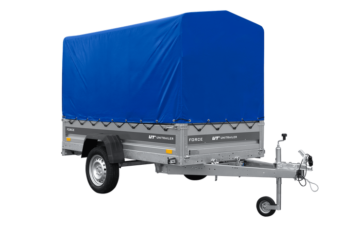 Remorque légère 230x125 UNITRAILER FORCE 230 KIPP avec châssis H-1100 et bâche bleue