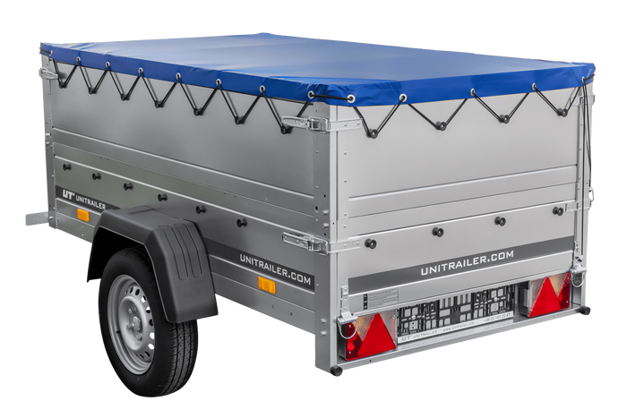 Remorque porte-voitures 200x106 UNITRAILER GARDEN 200 KIPP avec ridelles BIS, châssis H-0 et bâche bleue